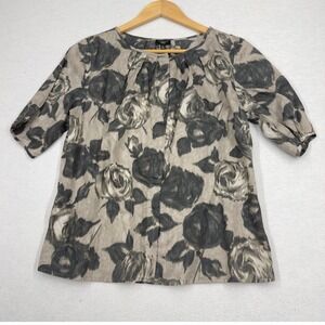 Talbots Watercolor Floral Top Blouse 3/4 Puff Sleeve Boho 12P Cotton Gray